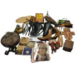 Miscellaneous collectors items including wood shoe trees, Princess Diana gear, a pair of leather ice