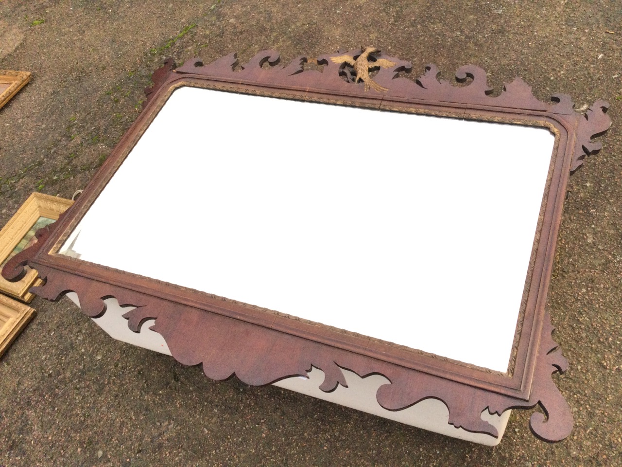 A Chippendale mahogany mirror with rectangular bevelled plate in fretwork cut frame surmounted by - Image 2 of 3