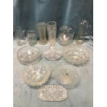 Miscellaneous glass including fruitbowls, cut & engraved jugs, vases, a cakestand, etc. (12)