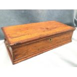 A Victorian oak writing box with brass carriage handles, hinges, lock and escutcheon, with