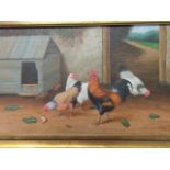 E Hunt, C20th oil on canvas, study of cockerels & hens by hutch and farmyard door, signed, in