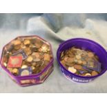Two tins of old coins, GB copper, some crowns, a 1953 proof set, mainly pennies, etc. (A lot)