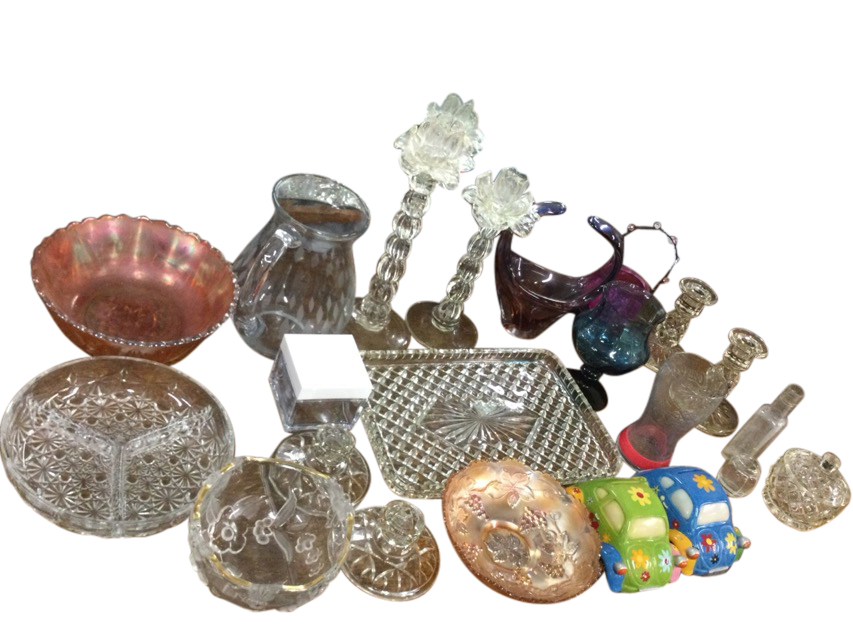 Miscellaneous glass including a carnival glass bowl, an acid etched jug, a dressing table set on