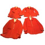 Four scarlet hunting coats with tartan linings, three with silver plated engraved hunt buttons. (4)