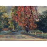 Marianne Cox, watercolour, streetscape with autumn trees, signed, mounted & framed. (19.5in x 12.