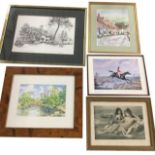 Five miscellaneous framed pictures - a B Claughton print of Warkworth, an Allen hunting print, a