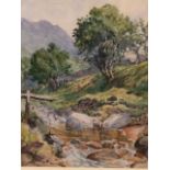 Watercolour, landscape with rocky stream, unsigned, mounted & gilt framed. (6.75in x 9in)