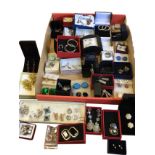 Fifty-four pairs of earrings and ear clips, several boxed including studs, paste diamonds, glass,