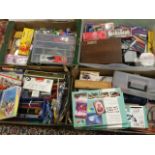 Four boxes of artists materials including brushes, pastels, pencils, many sets, crayons, oil paints,