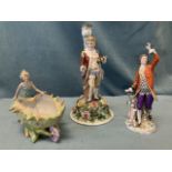 A Meissen style porcelain figurine of a young gentleman with raised arm, standing by stump with lamb