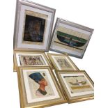 A set of four framed Egyptian papyrus figural paintings; and another signed pair in silvered