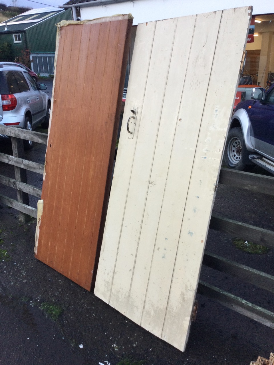 A painted rectangular batten door mounted with suffolk latch - 31in x 77.5in; and a modern - Image 3 of 3