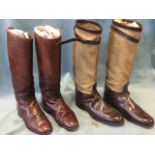 A pair of brown leather ladies hunting boots - size 6/7?; and another pair in canvas & leather -