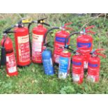 Nine miscellaneous fire extinguishers - carbon dioxide, foam & powder. (9)
