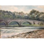 Oil on canvas, river landscape depicting the old stone Whitadder Bridge, with details to verso, gilt