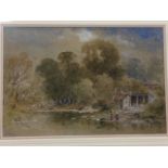 Aaron Penley, pencil & watercolour with bodycolour, river landscape with couple fishing by shack,