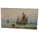 ES Weedon, watercolour, sailing boats and figure in rowing boat on foreshore, signed & gilt