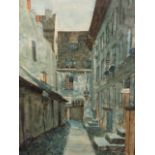 Wolff(?), watercolour, European courtyard study with buildings and steps to doorways, signed