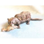A cold painted bronze model of an otter with fish to mouth, the open back with pin-cushion filling -