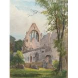 Lady Jones, pen, pencil & watercolour, study of Dryburgh Abbey, signed with monogram and dated 1937,