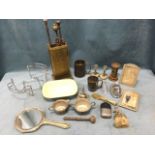 Miscellaneous metalware including a pair of EPNS photo frames, firetools in brass stand, silver