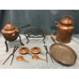 Miscellaneous metalware - two antique copper kettles & covers with iron mounts, two pairs of