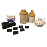 Miscellaneous ceramics including two Victorian salt glazed stoneware jars, a flow-blue jardiniere,