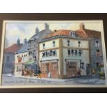 Fred Stott, pencil & watercolour, Berwick upon Tweed streetscape with Stoddarts corner premises,