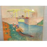 J Redel, watercolour after Van Goghs Langlois Bridge at Arles, signed & dated 1935, mounted &