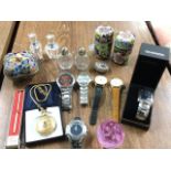Miscellaneous items including scent bottles, contemporary watches, a Caithness paperweight,