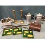 Miscellaneous items - a pair of nineteenth century tapering brass candlesticks on square bases,