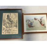 A framed C20th Klein football print with dog footballers titled Goal; and a political cartoon with