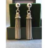 A pair of 925 silver hallmarked tassle earrings, with scrolled bell shaped drops beneath domed