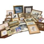 A box of miscellaneous framed pictures & prints including drawings, watercolours, some modern