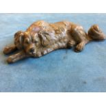 A cold painted bronze stamp box cast as a lying dog, the hinged cover revealing an interior with
