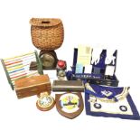 Miscellaneous items - a case of masonic gear with leather apron, etc., a carved ebony box, a