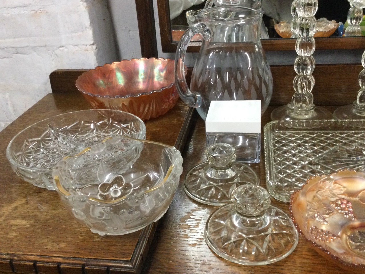 Miscellaneous glass including a carnival glass bowl, an acid etched jug, a dressing table set on - Image 3 of 3