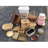 Twenty one cane/rush/wood boxes and baskets including hampers, tray type, lidded, hatboxes, etc. (