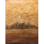 Tony Thomas, oil on box canvas, sepia cityscape, signed & titled to verso. (30.75in x 36.25in)