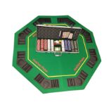 A cased poker set with chips, dice, cards, instructions, baize lined folding hexagonal fitted board,