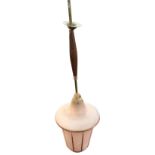 A 1950s hanging light fitting, the turned mahogany shaft with brass pole supporting an embossed pink