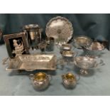 Miscellaneous silver plate - ice buckets, entré dishes, a cream jug, an engraved circular salver,