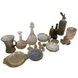 Miscellaneous glass including sets of plates, decanters, a cut biscuit barrel & cover, paperweights,