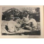 Heinrich Haberl, etching, figures on beach playing cards, signed in pencil on margin, titled to