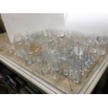 Miscellaneous drinking glasses including sets of tumblers, tot nips, brandy balloons, wine
