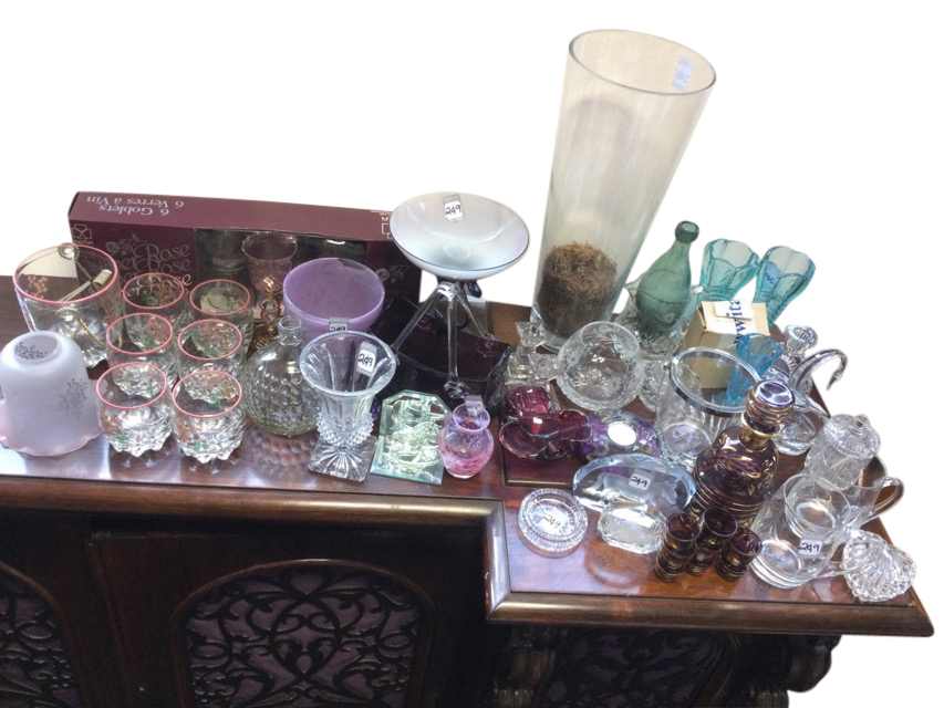 Miscellaneous glass including a pair of cut tankards, vases, Murano, trinket boxes, jam jars, art