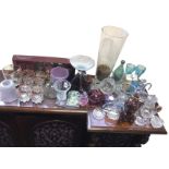 Miscellaneous glass including a pair of cut tankards, vases, Murano, trinket boxes, jam jars, art