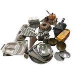 Miscellaneous metalwork including a copper fondue burner, stainless steel, a pair of foliate