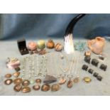 Miscellaneous polished semi-precious stones including a carved soapstone fish cup, fluorite Buddhas,