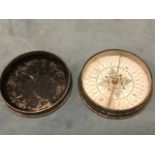 An early silver plated compass & cover, the printed steel engraved dial under glass. (2.5in)
